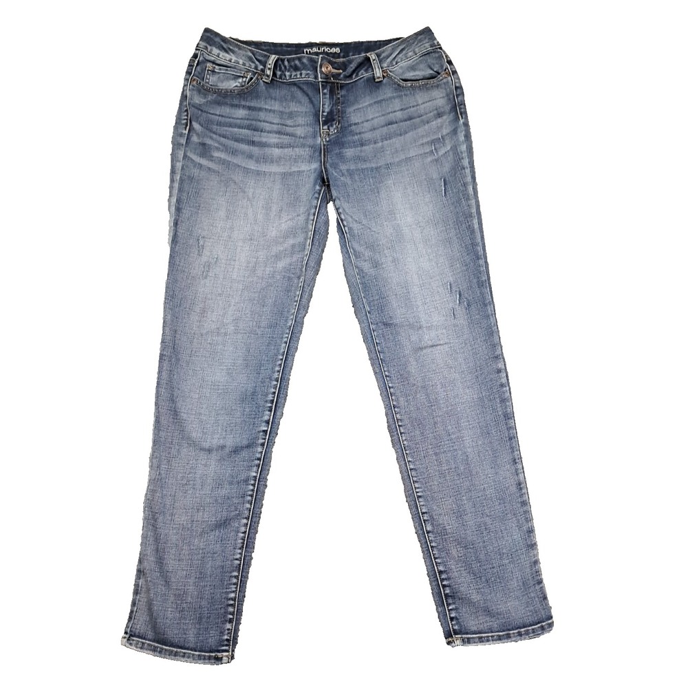 Maurices Jeans Womens Sz 9/10 Tapered Leg Denim Blue Stretch Distressed Whiskers